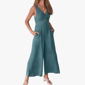 Blue Sleeveless Jumpsuit with Wide-Leg Cropped Pants